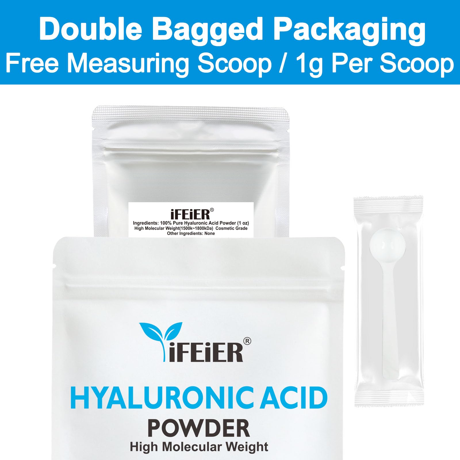 iFEiER Hyaluronic Acid Powder | High Molecular Weight Hyaluronic Acid Serum Powder | 1oz(28.3g) Cosmetics Grade | Sodium Hyaluro
