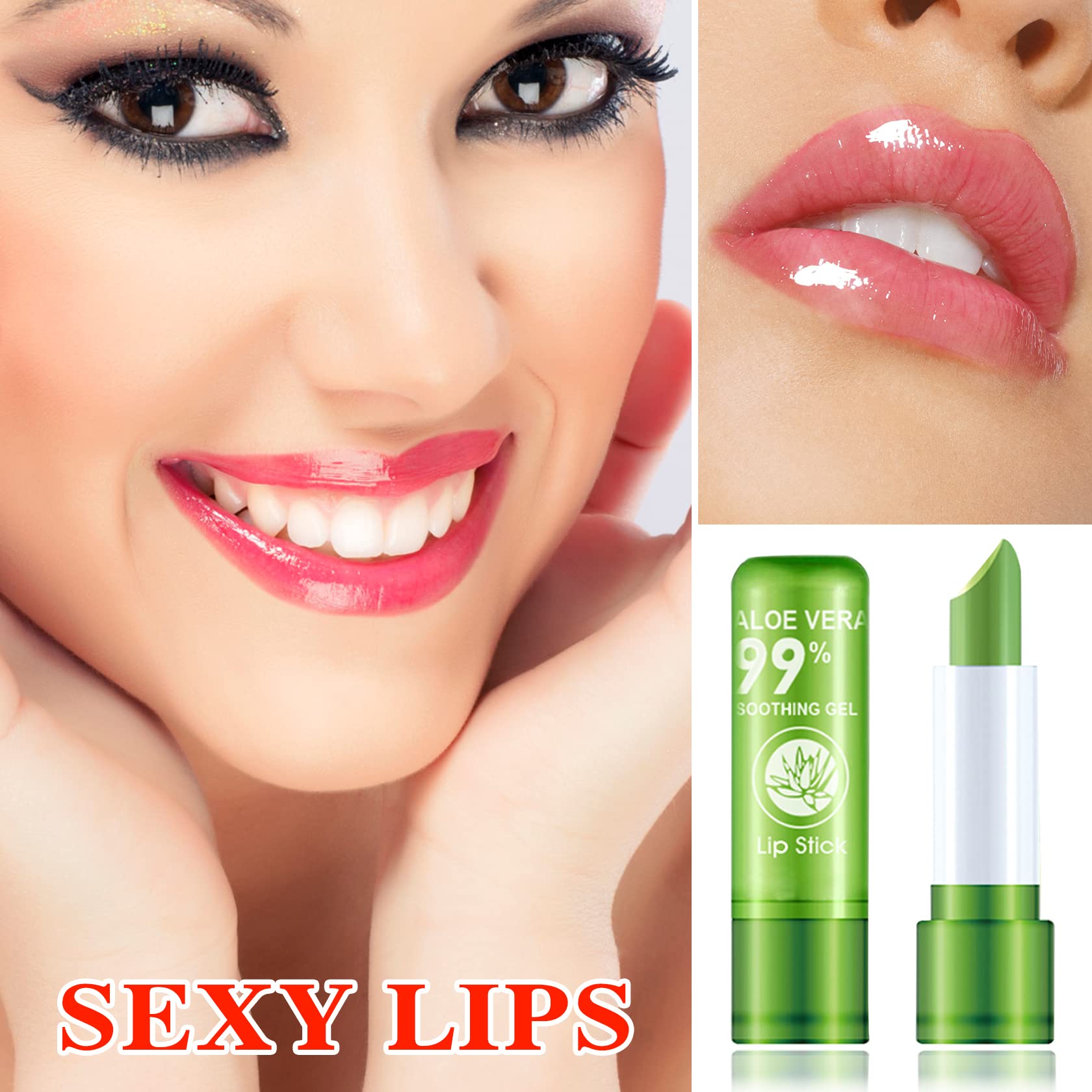 Fusang 3 Pack Aloe Vera Lipstick,Magic Temperature Color Changing Lipstick Lip Gloss,Long Lasting Nutritious Moisturizing Lip Ba