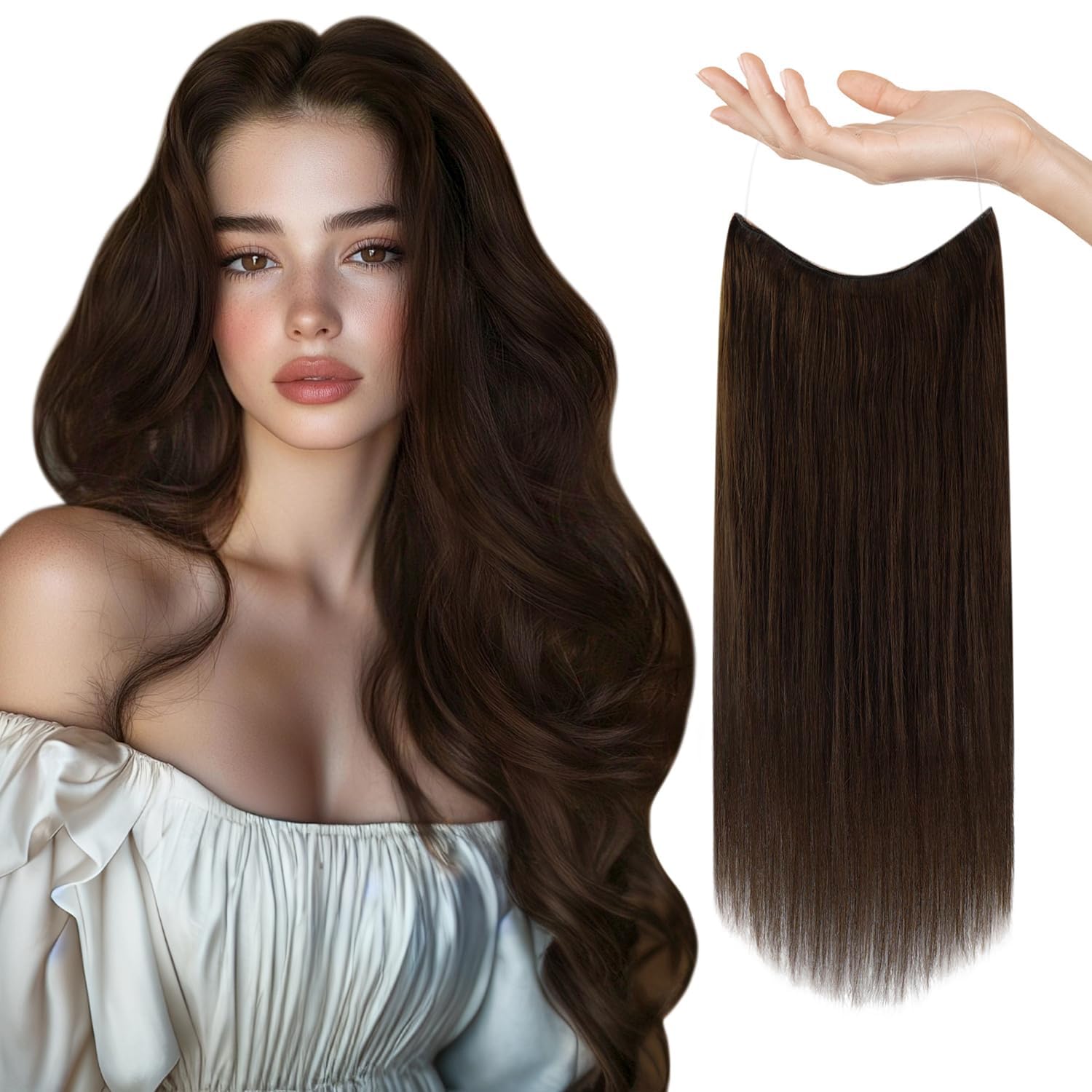 Sunny Wire Hair Extensions Real Human Hair Fish Line Human Hair Extensions Invisible Wire Extensions Dark Brown #4 16 Inch
