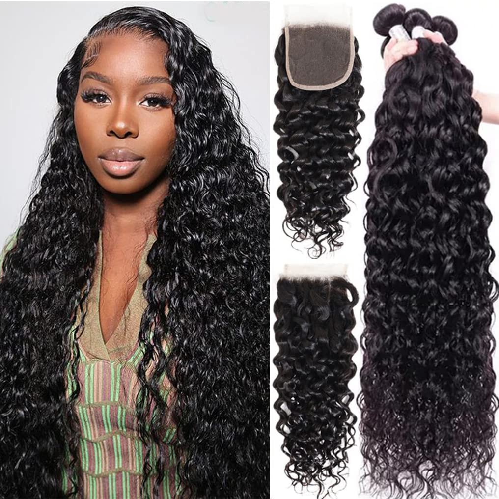 Human Hair Bundles With Closure (20 22 24+18, Free Part) Water Wave 3 Bundles Human Hair With Closure 10A Brazilian Virgin Human