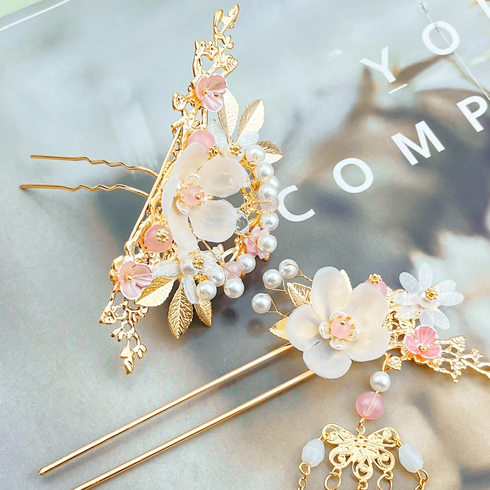 5 Pcs Flower Chinese Tassel Hair Stick Crystal Pearl Hanfu Hair Pins Classical Floral Bride Wedding Accessories For Women