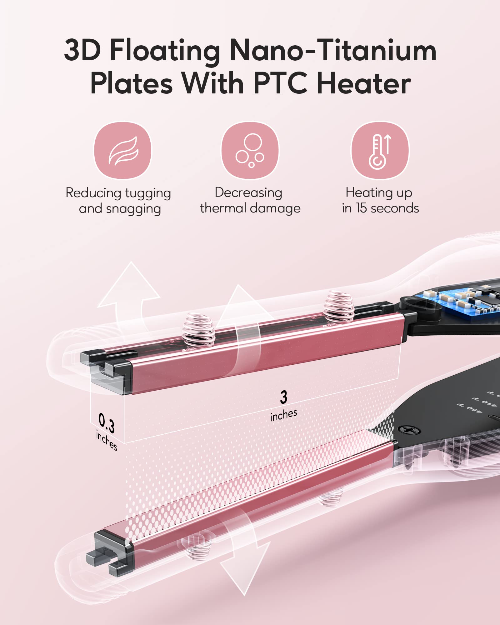 Wavytalk 3/10 Mini Hair Straightener, Bright Rose Gold, Flat Iron for Short Hair, Pixie Cut & Bangs with Anti-Pinch Design