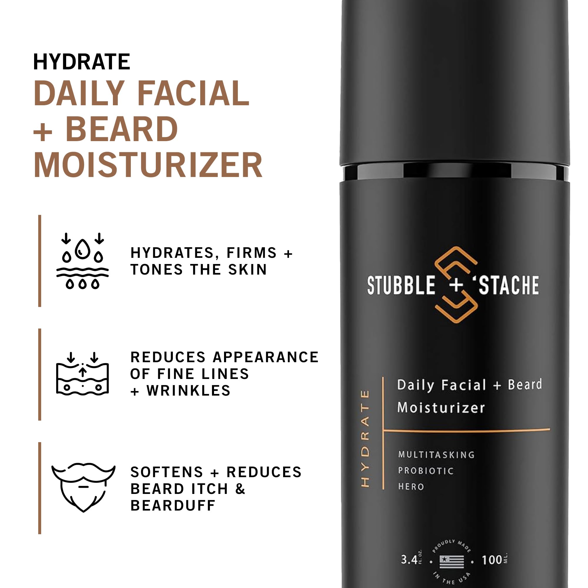Stubble & Stache Beard & Face Moisturizer For Men - Hydrating Lotion With Hyaluronic Acid, Niacinamide, Argan Oil, Aloe Vera, Jo