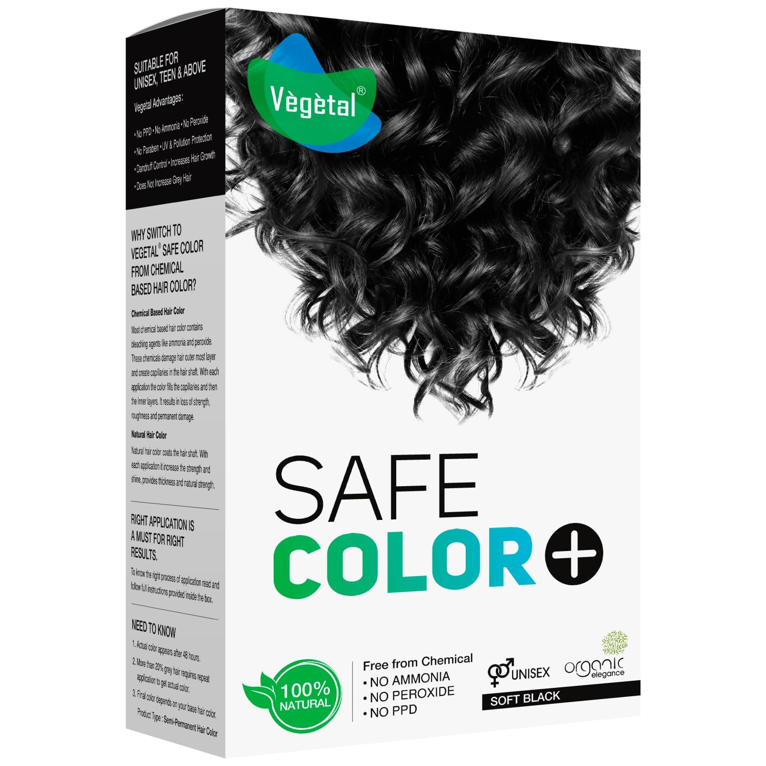 Vegetal Safe Color+ Natural Hair Colour, Soft Black 150G. ChemicalFree, No Ammonia, No Peroxide, Unisex