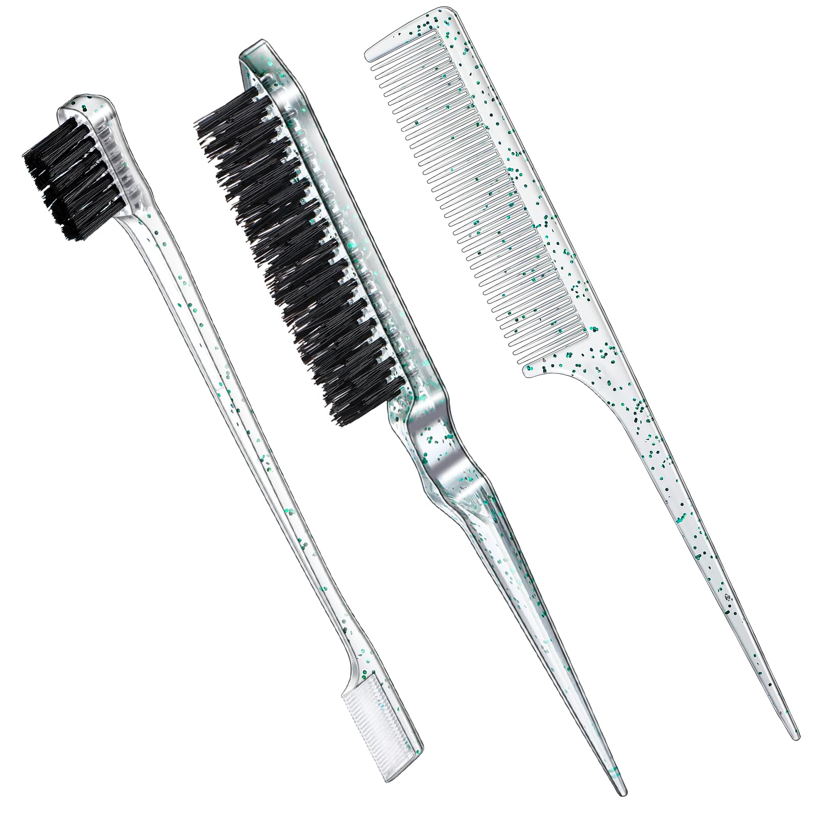 Geiserailie 3 Pcs Slick Back Hair Brush Set Bristle Brush Edge Control Teasing Comb for Women Black Hair(Clear Green)