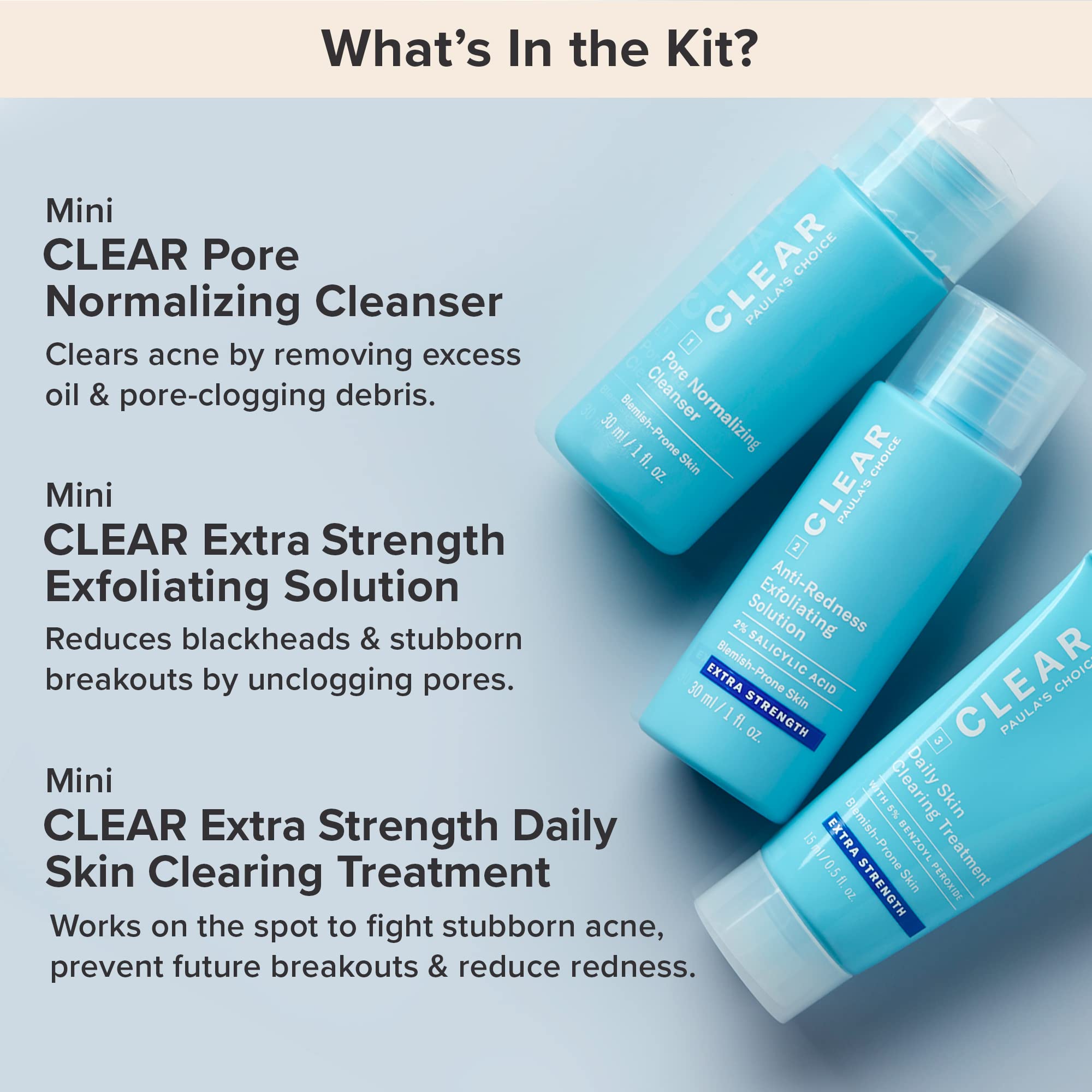 Paulas Choice Blemish Control, Clear Extra Strength Acne Travel Kit, 2% Salicylic Acid & 5% Benzoyl Peroxide For Severe Acne, Re