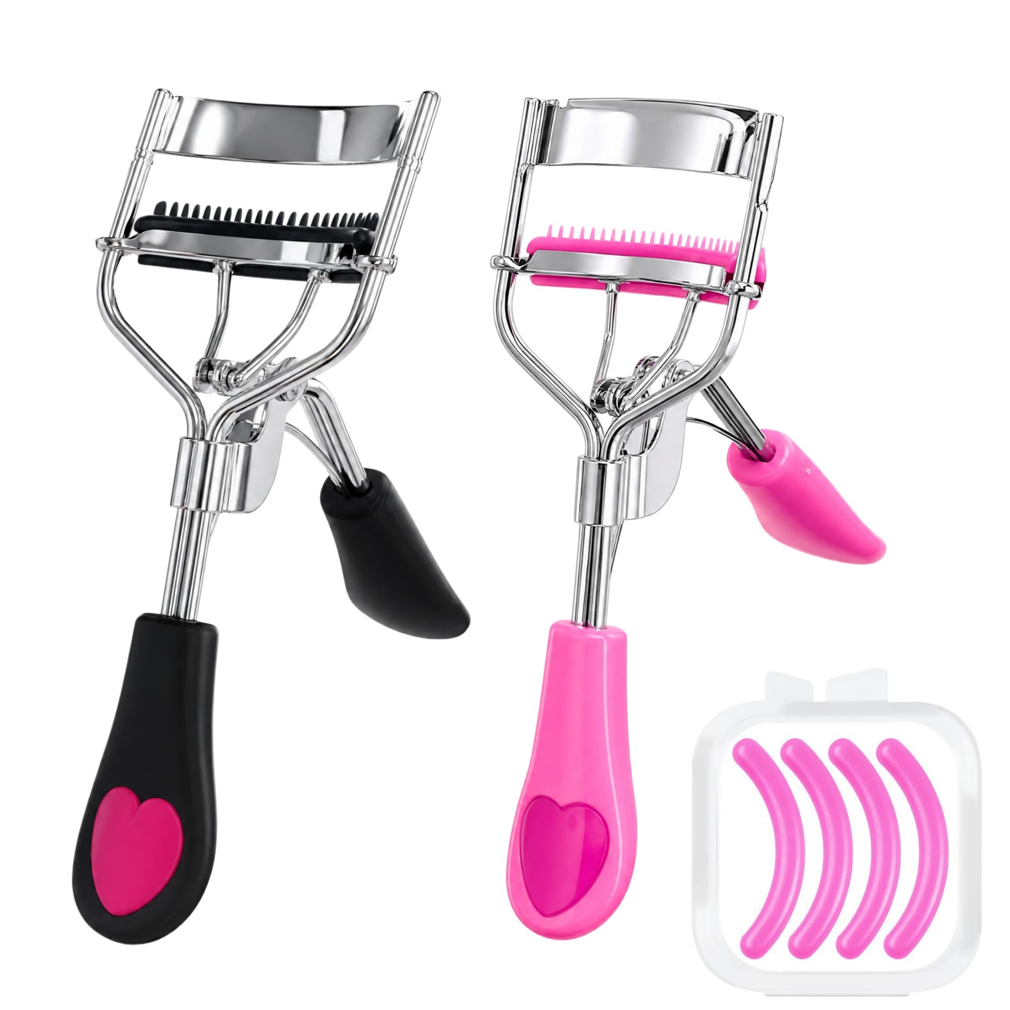 Eyelash Curler with Comb, 2 Pack Lash Curlers for Women, Eyelash Curlers with 4 Replacement Silicone Pads, Stainless Steel Eye L