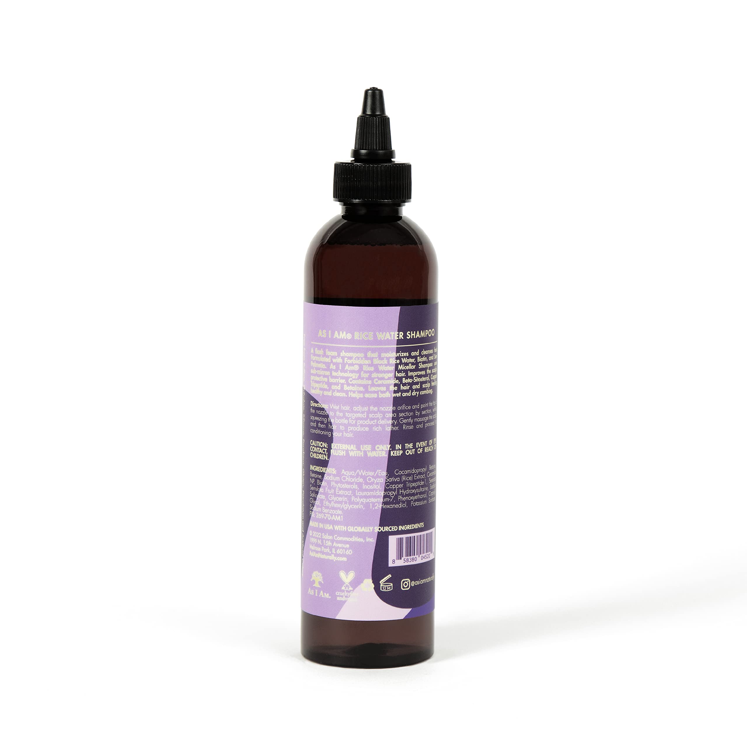 As I Am Rice Water Shampoo 8 Oz - With Forbidden Black Rice, Saw Palmetto, Biotin - Gentle Cleanser - Moisturizing - Vegan & Cru
