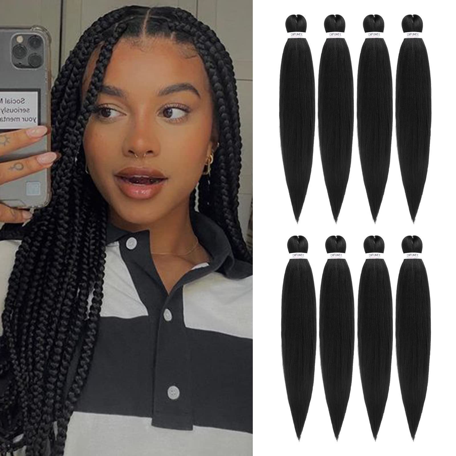 Difunee Pre-Stretched Braiding Hair - 22 Inch 8 Packs Natural Black Long Braiding Hair For Twist Or Box Braids, Yaki Texture Hot