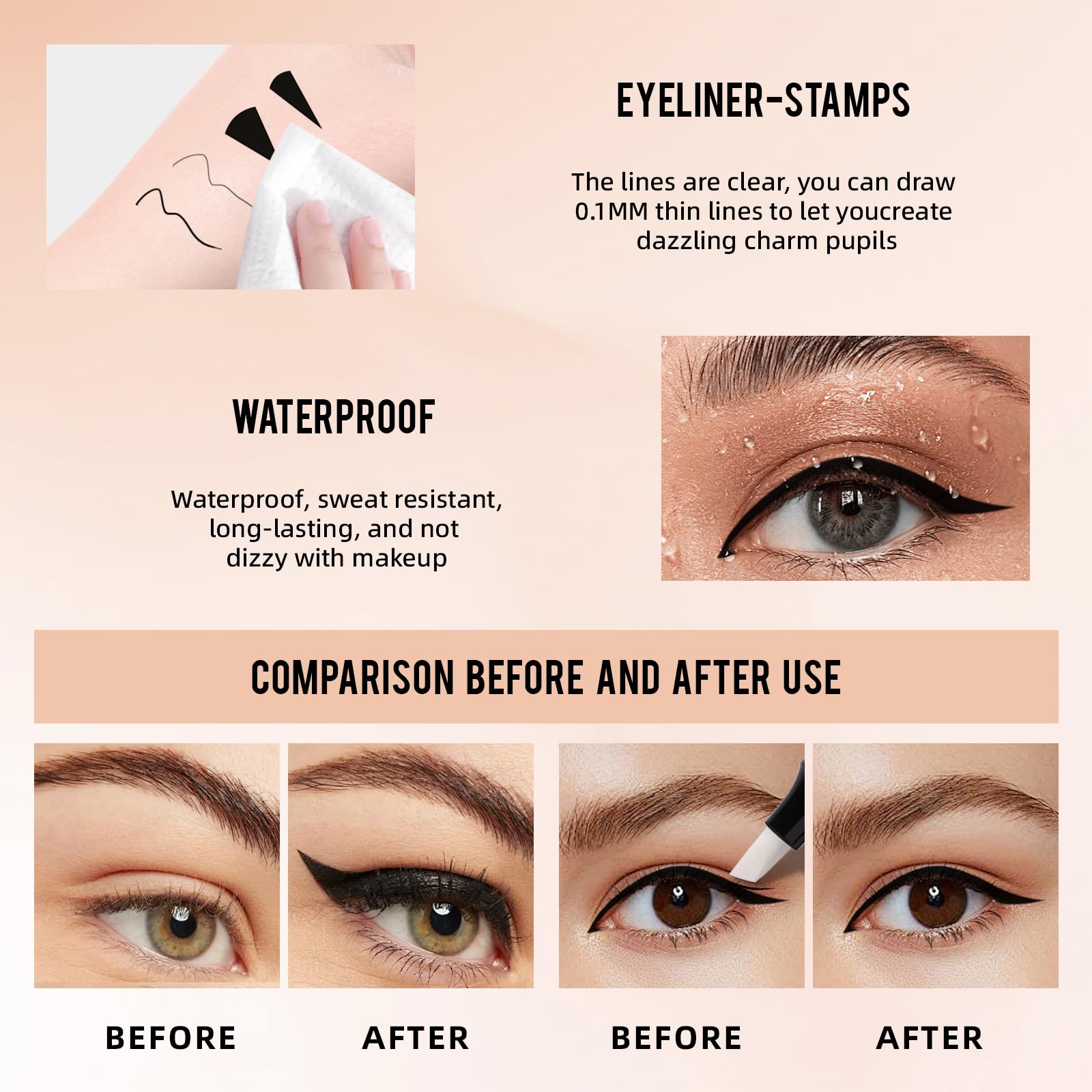 HOSAILY Black Eyeliner Stamp Quick Fix Makeup Cleanser Eraser Pen Set, Big Small Winged Eyeliner Stamp Cat Eye Stencil Tool, Mak