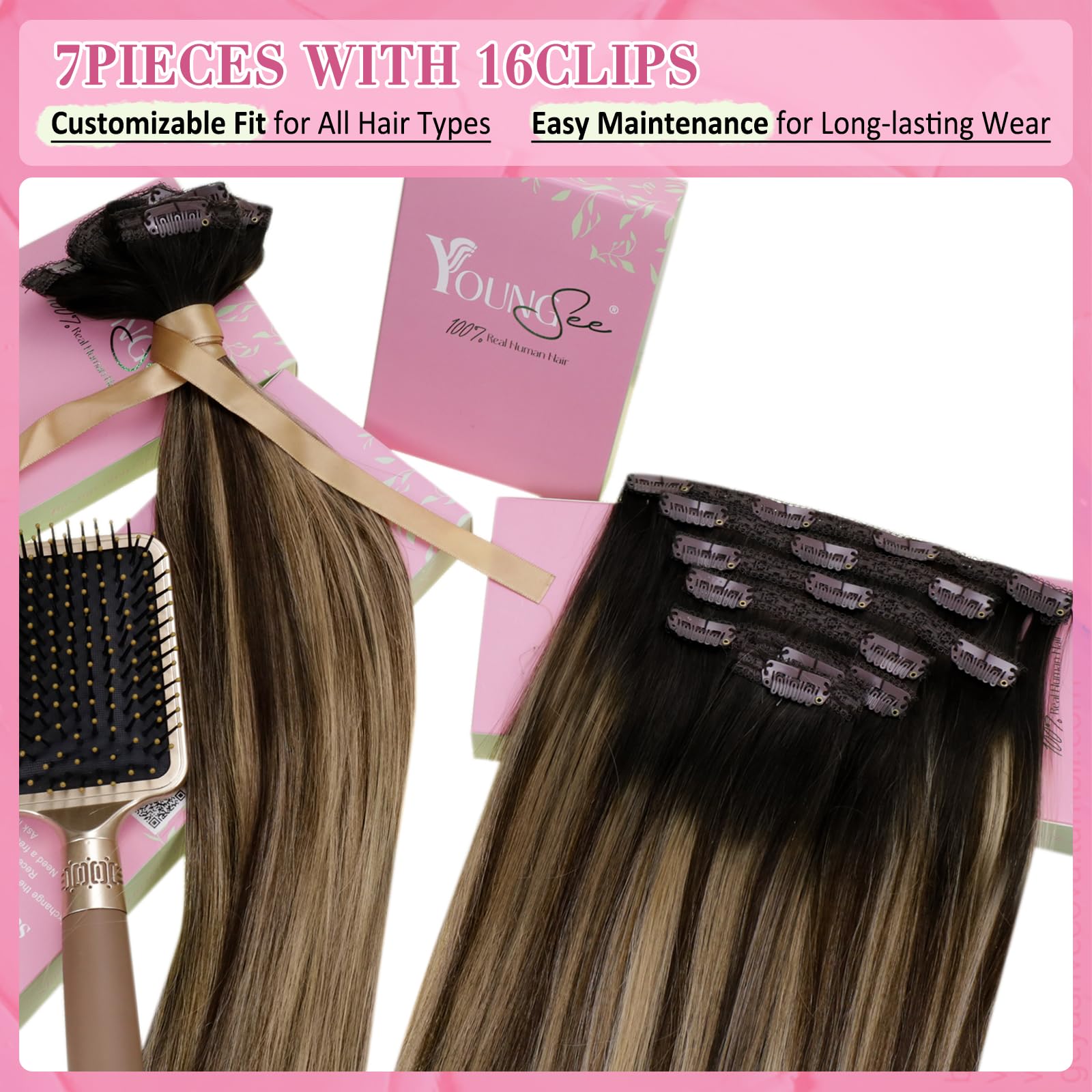 YoungSee 135G Clip in Human Hair Extensions Ombre Hair Extensions Clip ins Black Fading to Brown with Caramel Blonde Compatible