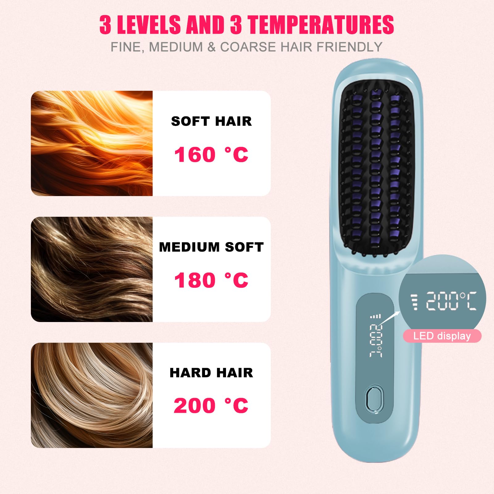 New gobrush pro 2025, Cordless Hair Straightener Brush-199 Million Negative Ions, 20S Fast Heat Up,4 Temperature Settings,3200mA