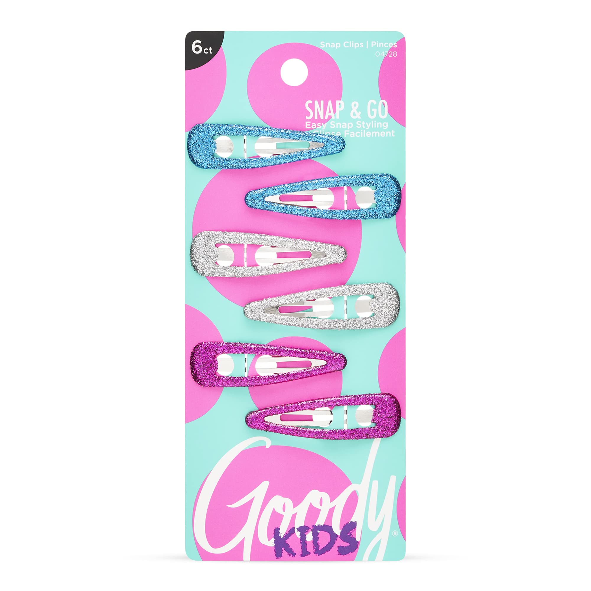 Goody Kids Contour Snap Clips - 6 Count, Assorted Glitter Colors - Just Snap Into Place - Suitable For All Hair Types - Pain-Fre