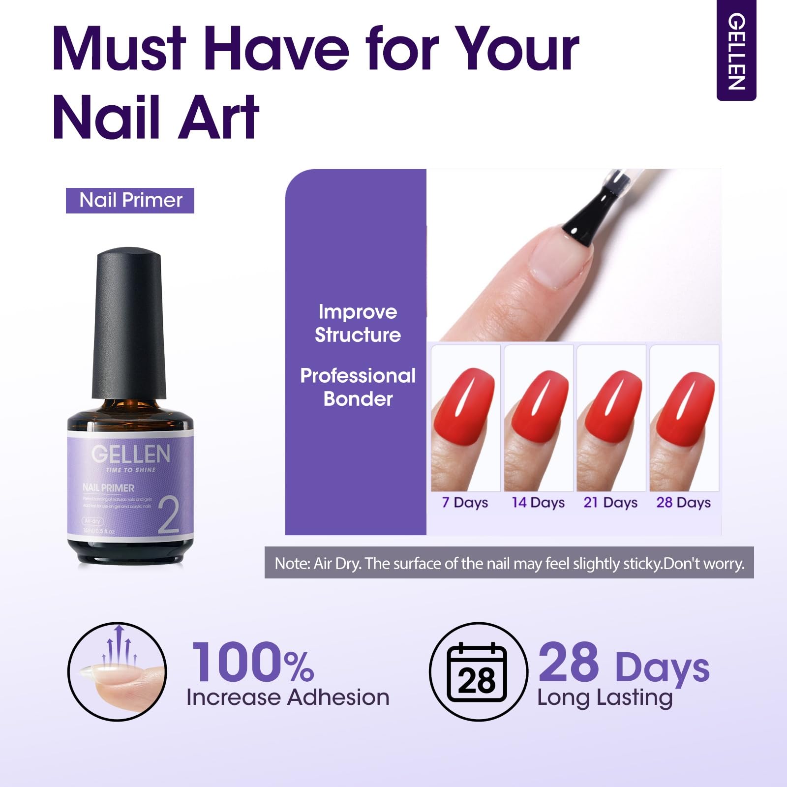 Gellen Nail Primer No Lift 15Ml Acid-Free Gel Primer Fast Air Dry Superior Protein Nail Prep Bond Foundation For Uv Gel Nail Pol