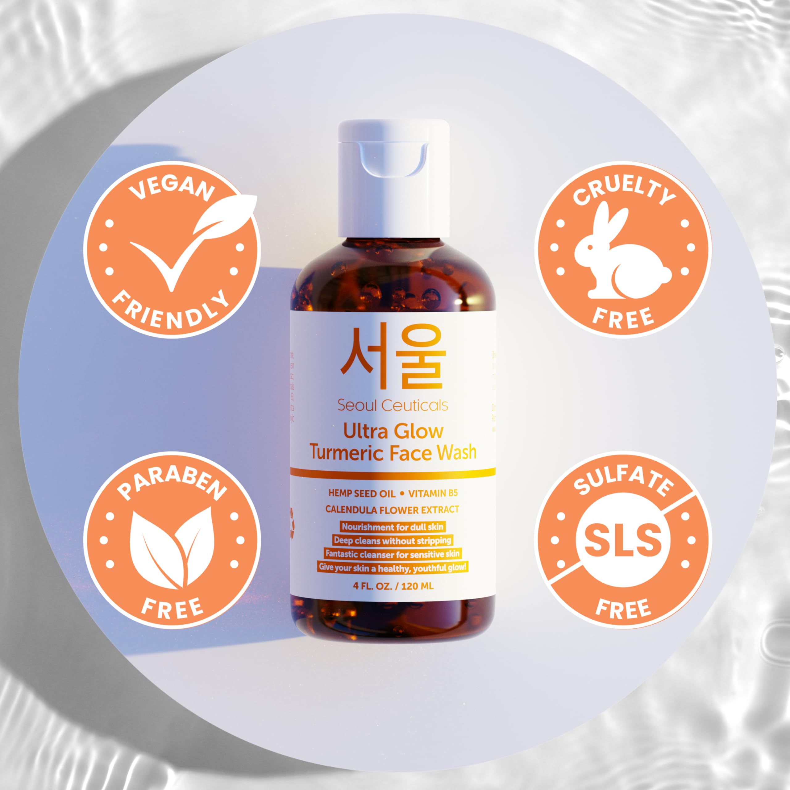 SeoulCeuticals Korean Turmeric Face Wash - Vegan, Cruelty-Free Cleanser for Dry Sensitive Skin, 4 Fl Oz