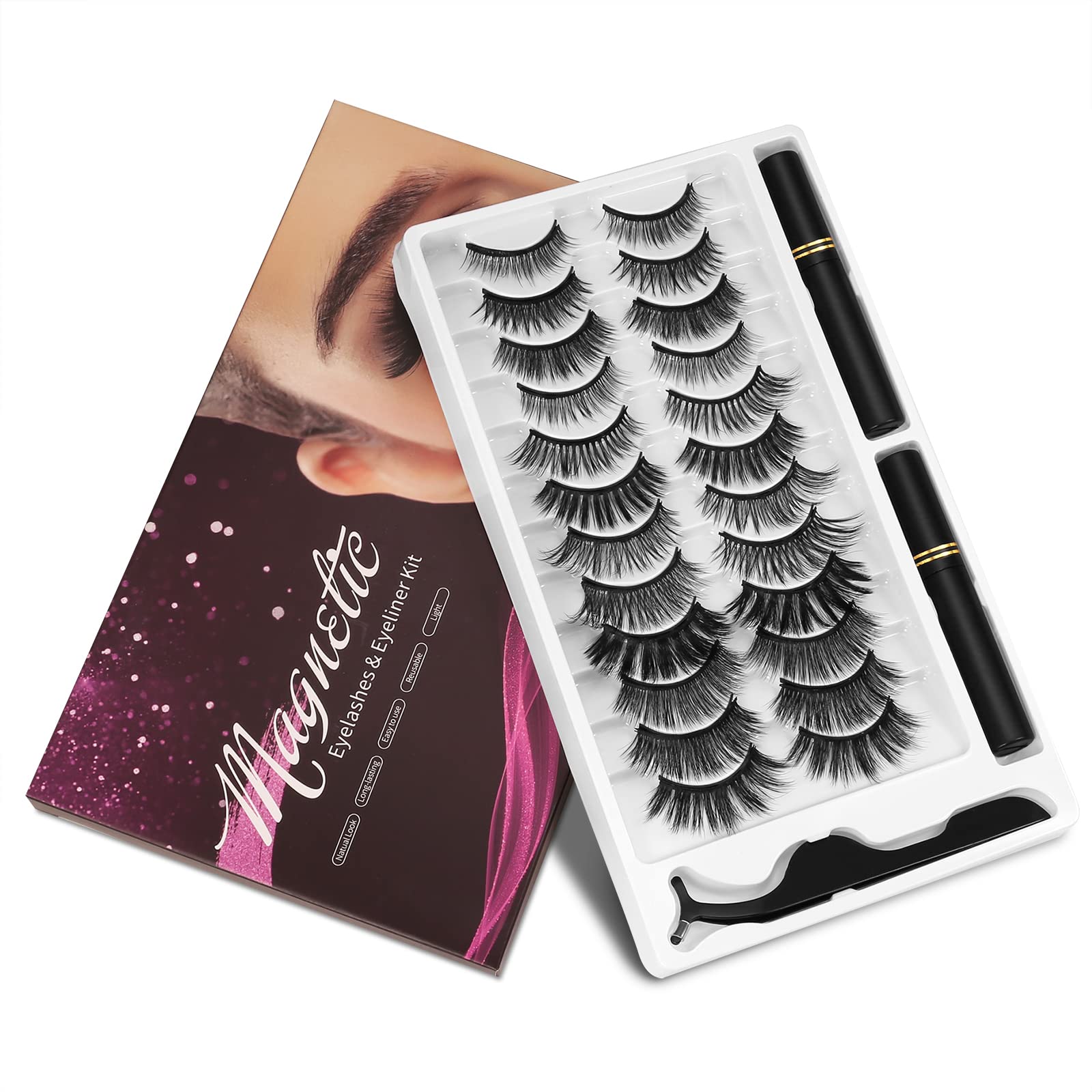 Magnetic Eyelashes And Eyeliner Kit, 12 Pairs Reusable Magnetic Lashes With Eyeliner And Tweezers, 3D Natural Look False Eyelash