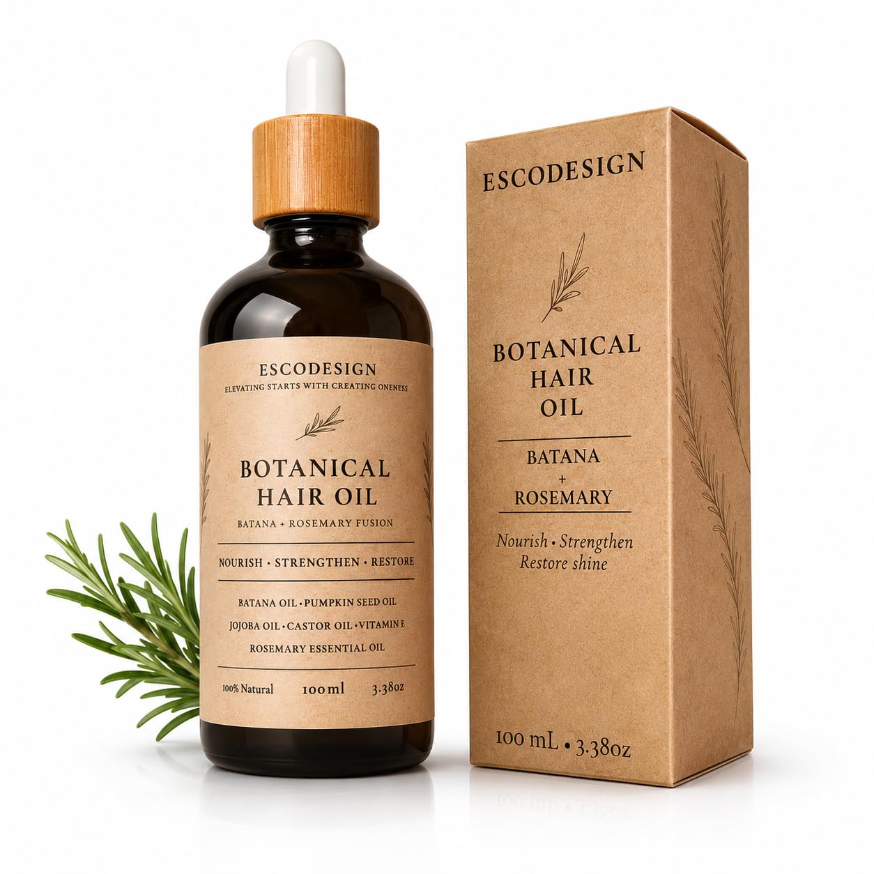 EscoDesign Botanical Hair Oil with Batana & Rosemary, 3.38 fl oz  Natural Hair Oil with Pumpkin Seed, Jojoba, Castor & Vitamin 