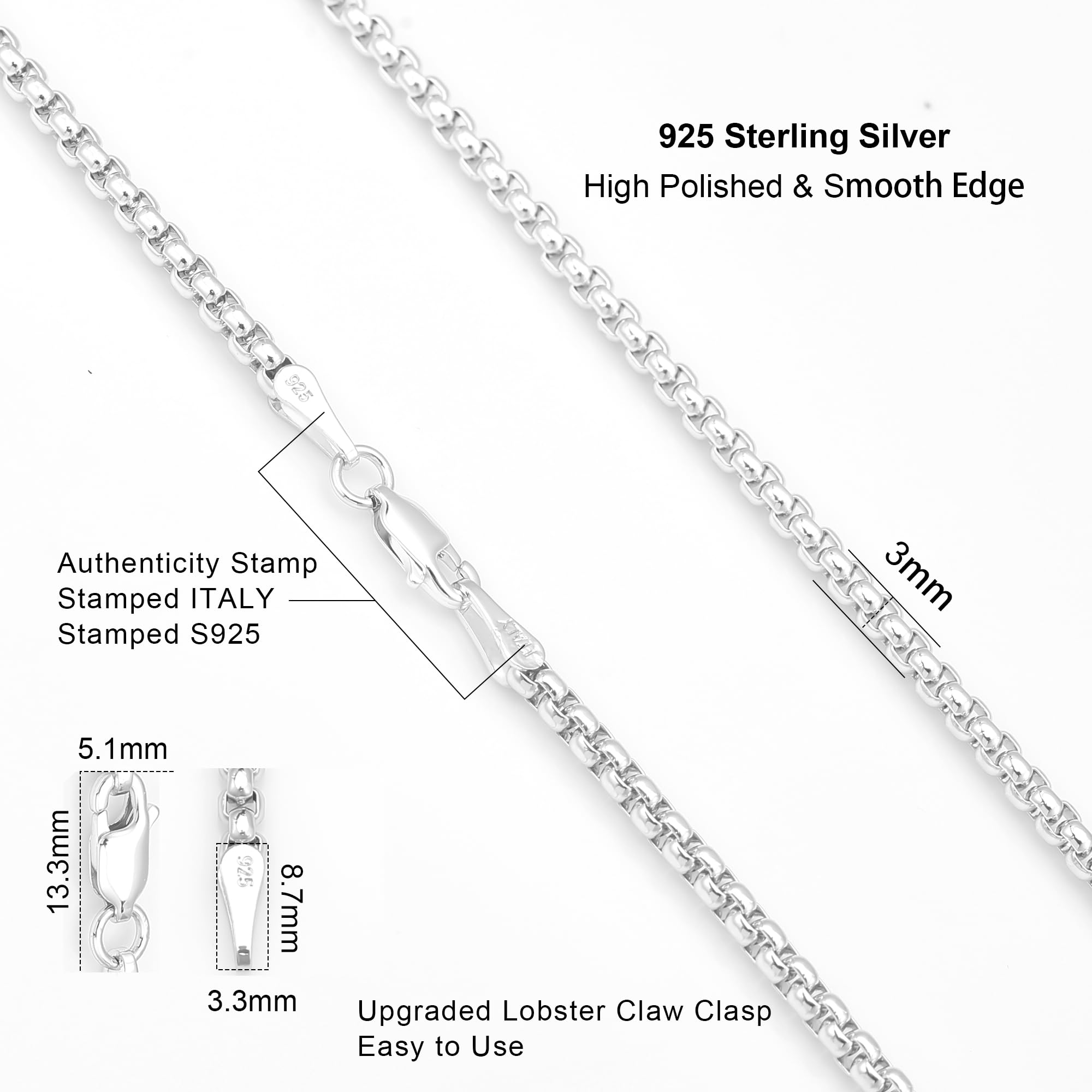 Waitsoul 925 Sterling Silver Box Chain Lobster Clasp 3mm Silver Chain for Women Men Silver Necklace Chain 16-30 Inches (18)