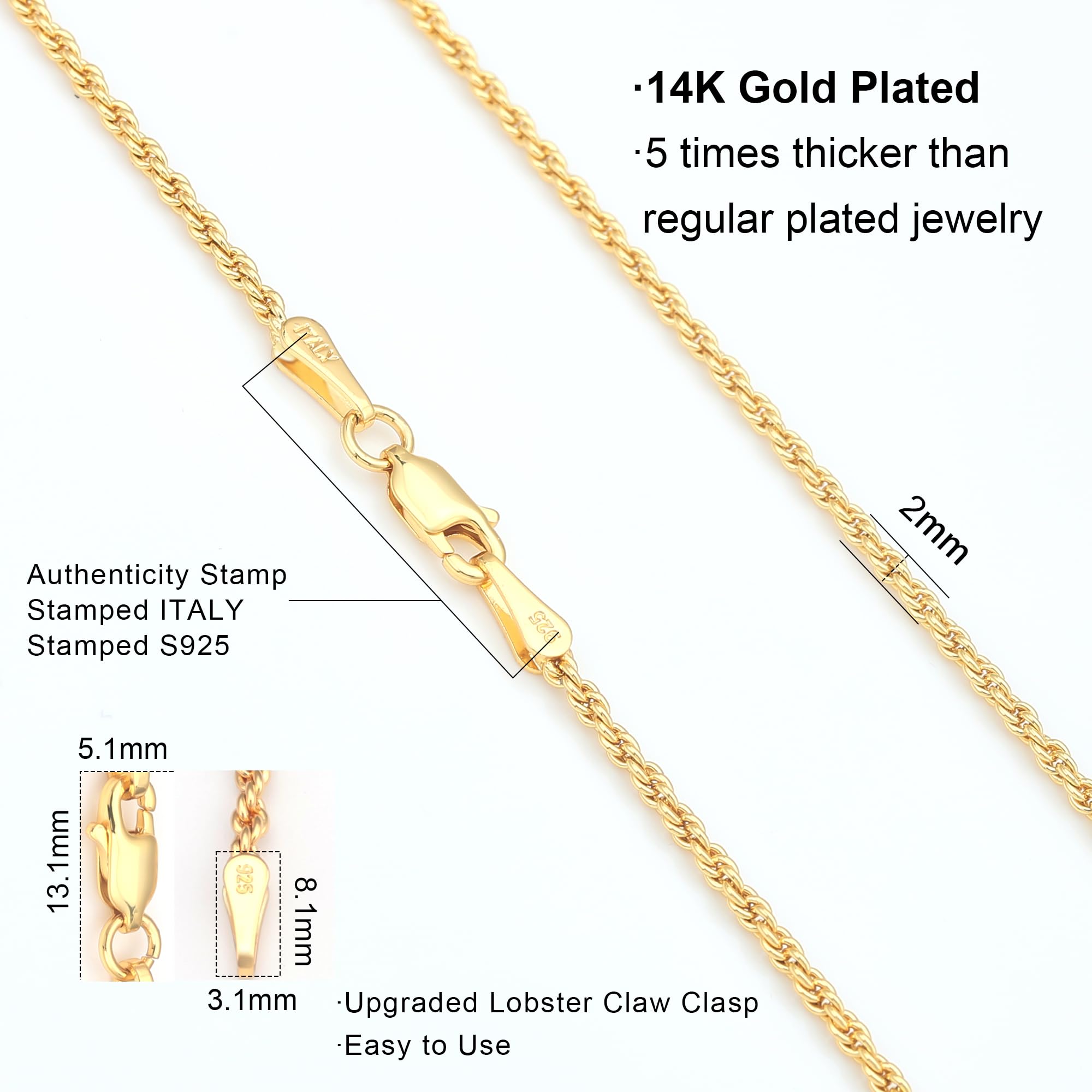 Waitsoul 925 Sterling Silver Rope Chain Lobster Clasp 2mm Gold Plated Chain Necklace for Men Women Necklace Chain 26 Inch