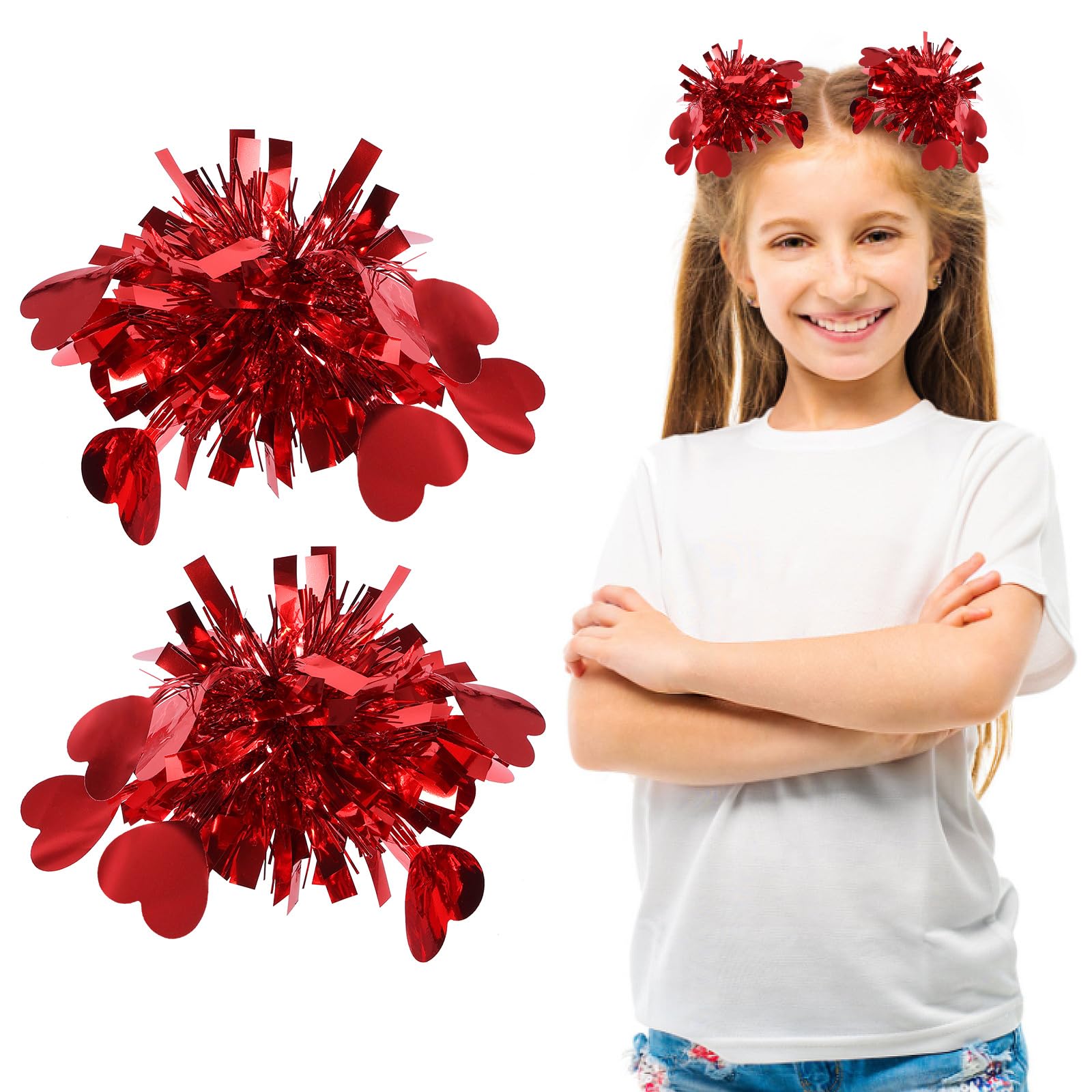 2pc Valentine Red Heart Hair Clips, Glitter Metallic Love Pom Pom Cheer Bow Hair Barrette Pins for Women Girls Kids Wedding Part