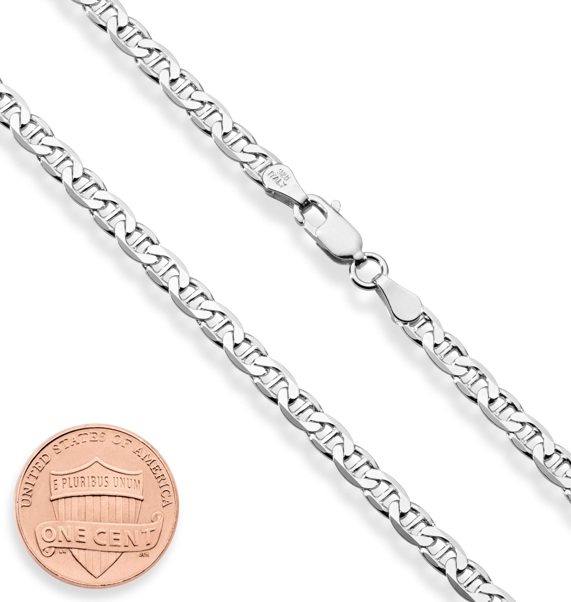 Miabella Italian Solid 925 Sterling Silver 4mm Diamond-Cut Solid Flat Mariner Link Chain Necklace for Women Men, Made in Italy (