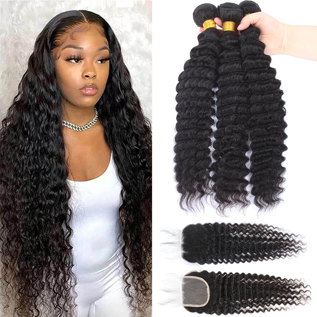 12A Brazilian Virgin Deep Wave Hair 3 Bundles with Closure (12 14 16+10''Closure) 100% Unprocessed Virgin Brazilian Pineapple Wa
