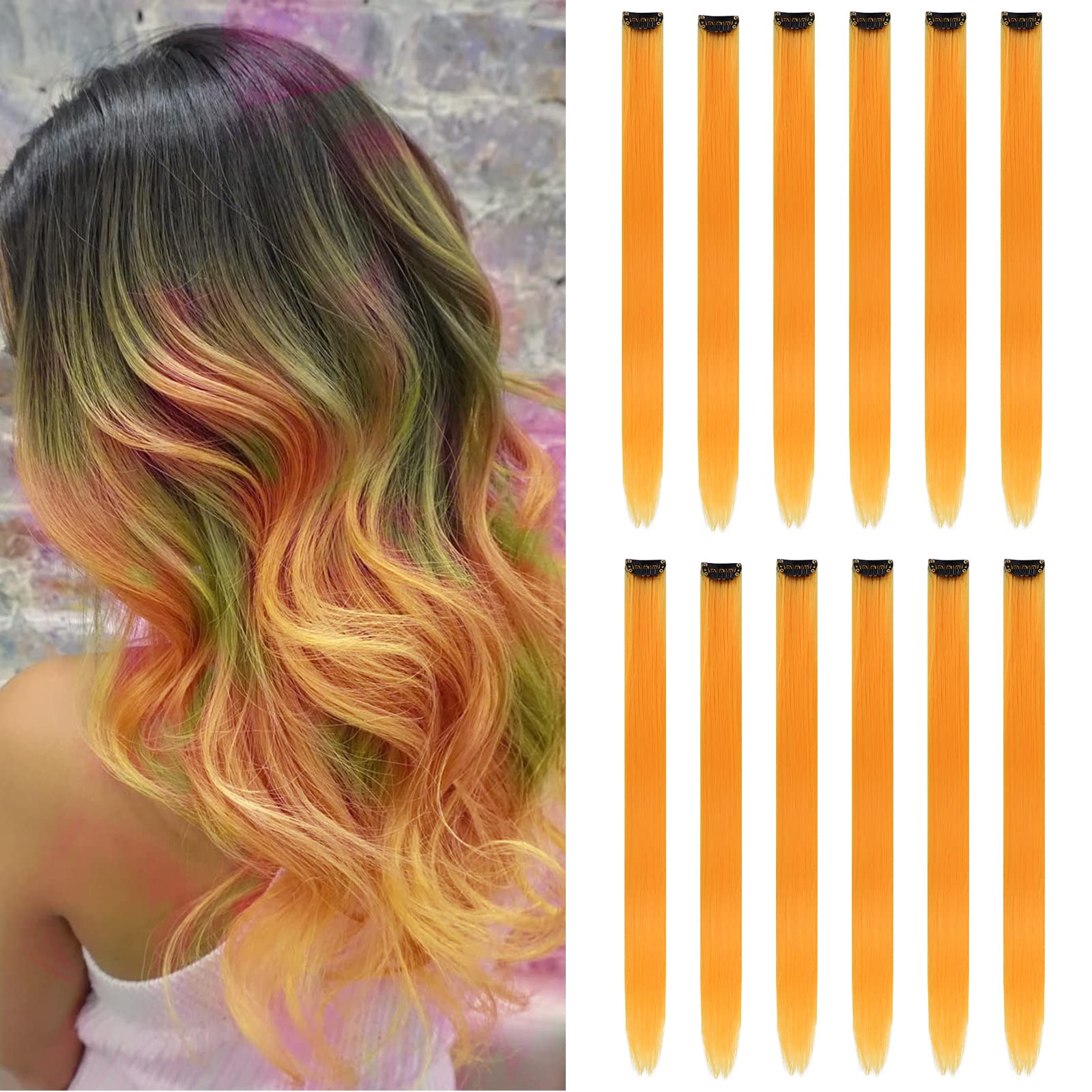 12Pcs Colored Pumpkin Yellow Hair Extensions Party Highlights Colorful Clip In Hair Extensions 22 Inch Straight Synthetic Hairpi