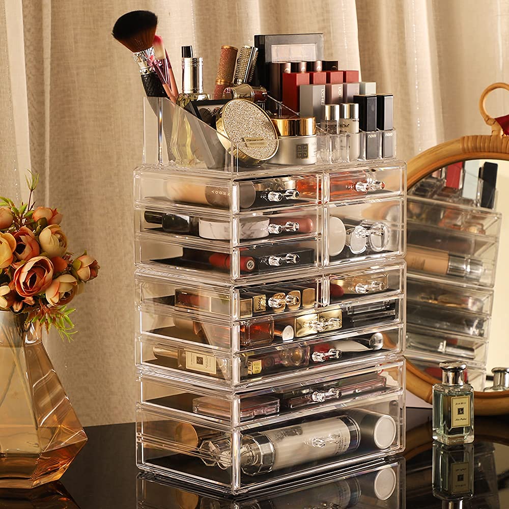 Cq Acrylic 4 Pack Clear Skincare Organizer For Vanity,Stackable 11 Drawers Make Up Organizer,Cute Cosmetic Organizer For Vanity