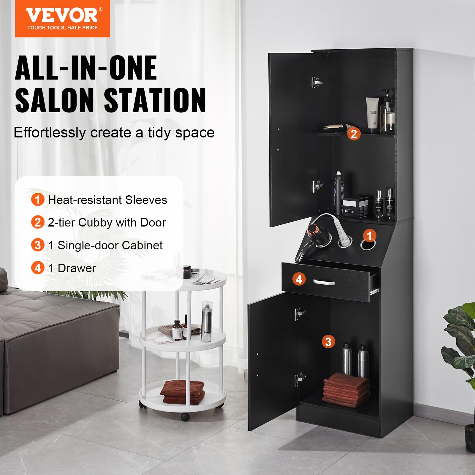 VEVOR Salon Storage Cabinet, Barber Salon Station for Hair Stylist, Hair Stylist Station Set, with 3 Hair Dryer Holders, Cabinet