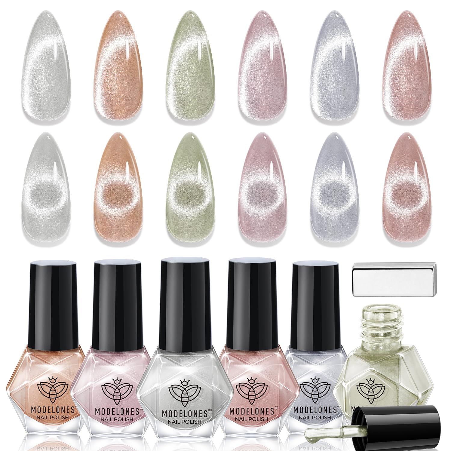 Modelones Cat Eye Nail Polish Set, 6 Colors Magnetic Silver Pink Red Purple Quick Dry Mini Nail Lacquer Kit, Green Orange Blue L