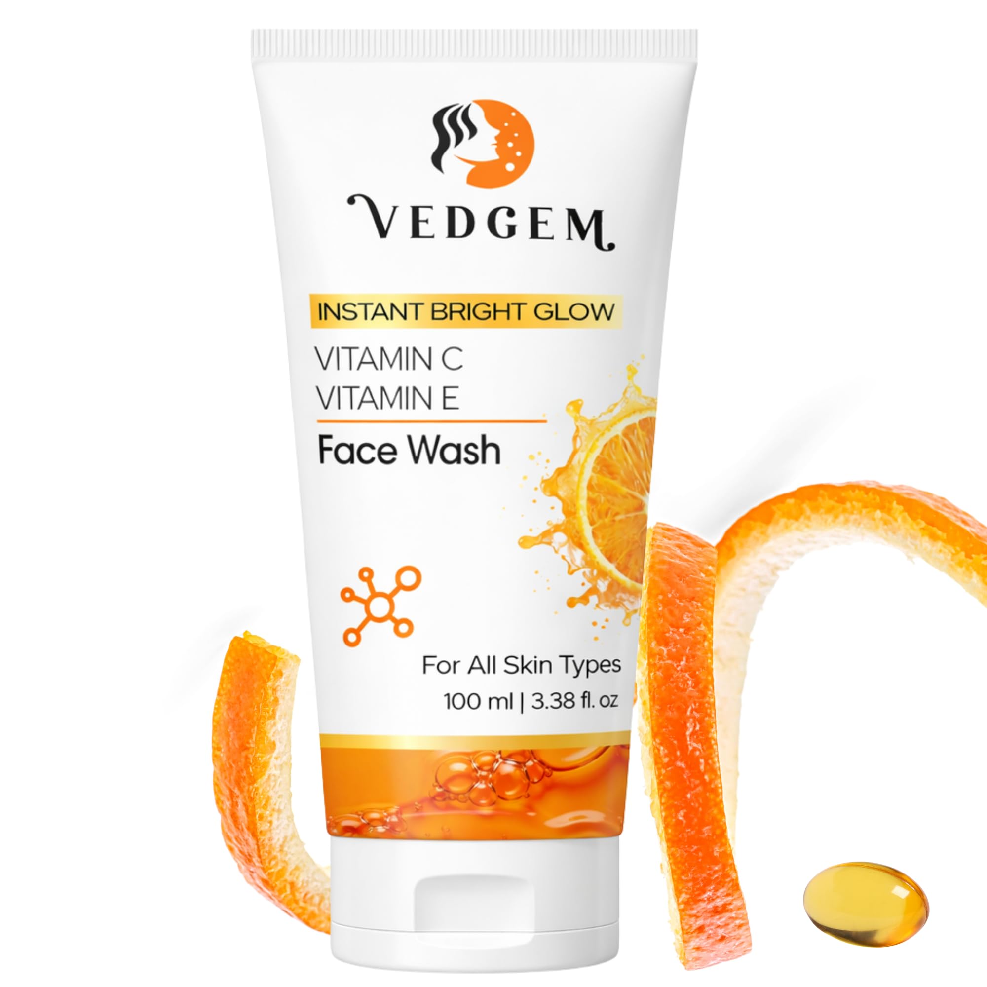 Vedgem Vitamin C & Vitamin E Face Wash 100Ml | Brightening & Hydrating Daily Face Cleanser | Reduces Dark Spots, Dullness & Impu