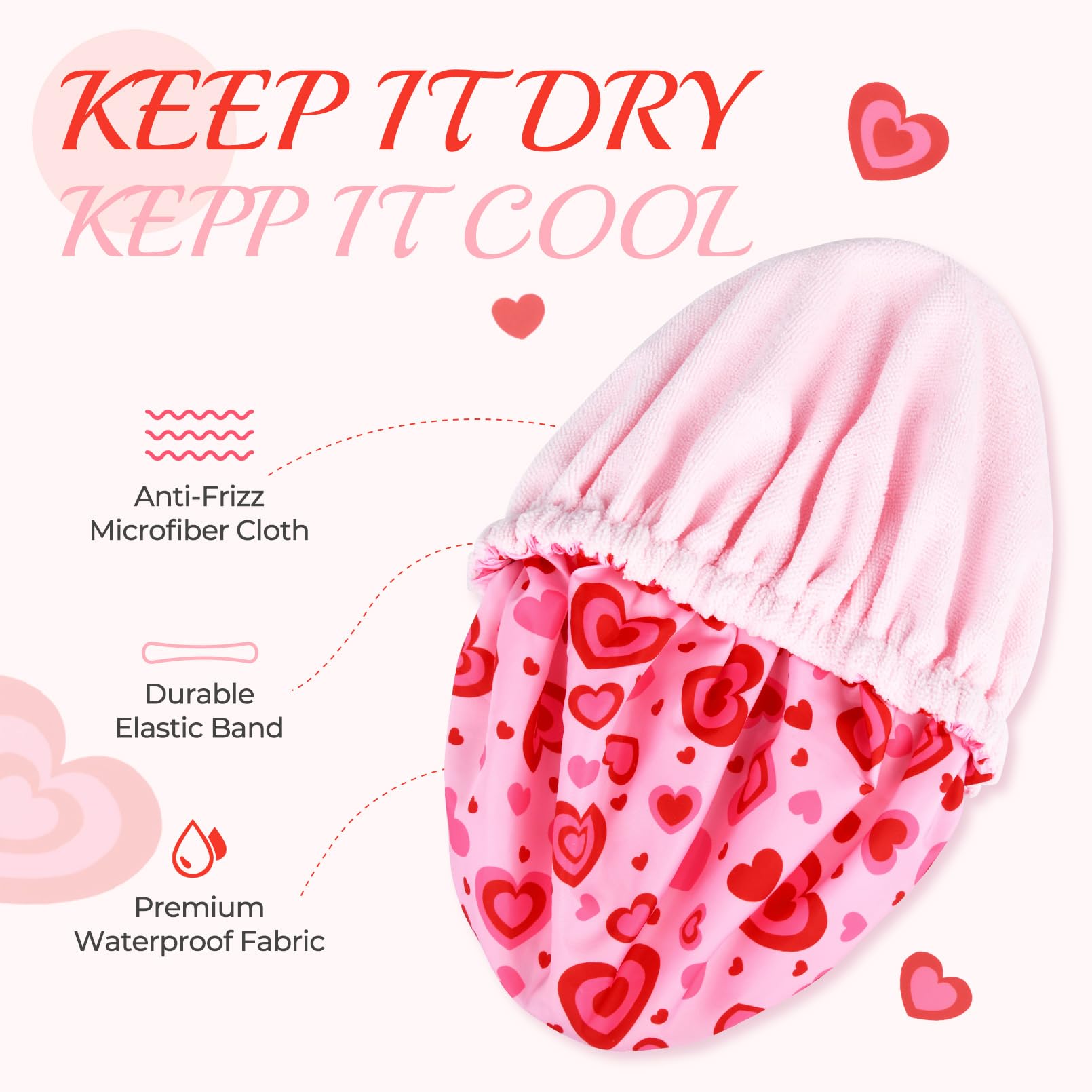 Shower Cap For Women Terry Lined Bath Cap Large Reusable Waterproof Elastic Band Pink Love Shower Caps For Long Thick Hair Soft