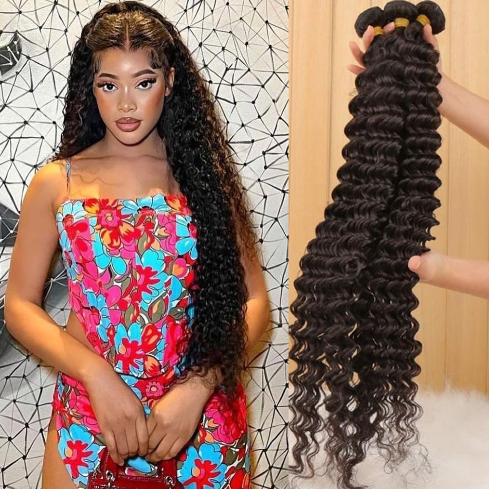 Human Hair Deep Wave Bundles (18 20 22 24) 12A 100% Unprocessed Brazilian Virgin Remy Hair Deep Curly Human Hair Weave 4 Bundles