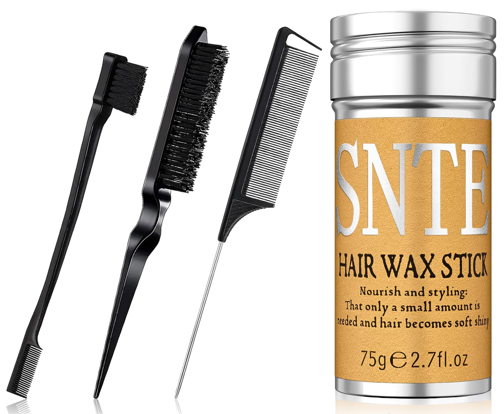 Edge Brush, Wax Stick for Hair 4Pcs, Hair Wax Stick for Flyaway, Slick Back Hair Brush for Smooth, Teasing Brush for Add Volume,