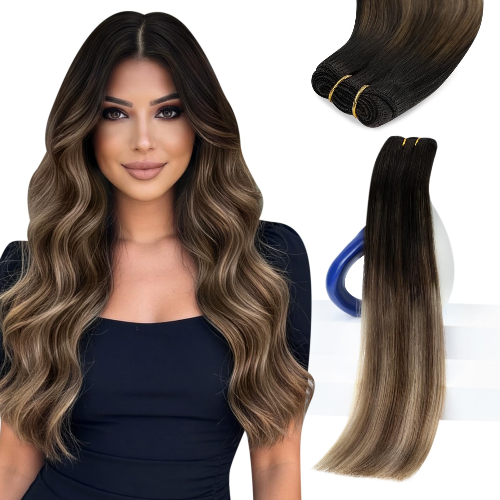 Sunny Hair Weft Hair Extensions Human Hair Balayage 18 Inch Sew in Hand-Tied Natural Black Roots Brown Mix Ash Blonde Long Doubl