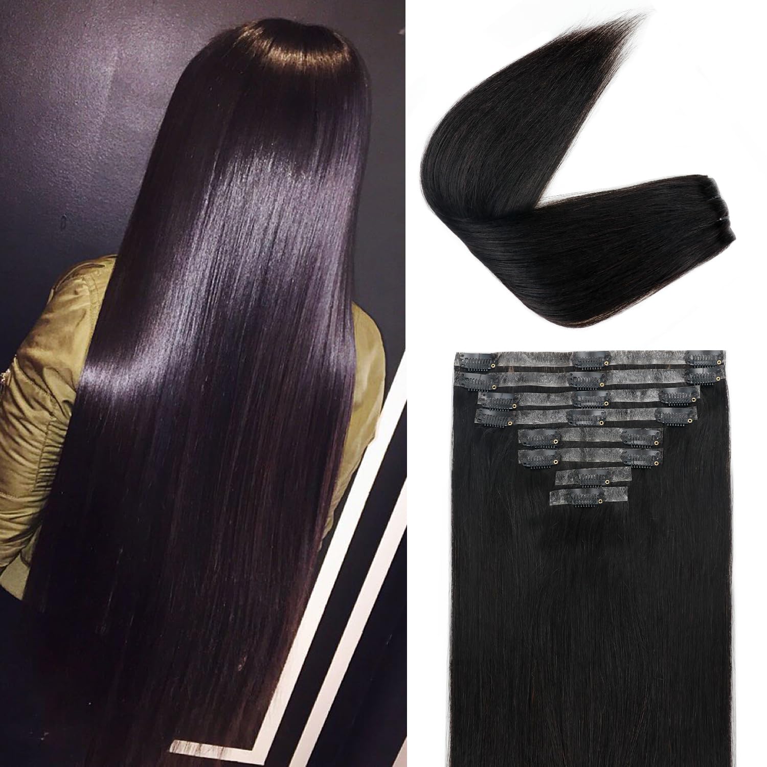 Pobokix Injected Clip in Hair Extensions Real Human Hair Invisible Hand-Tied Weft Hair Extensions Clip in Human Hair Straight Se