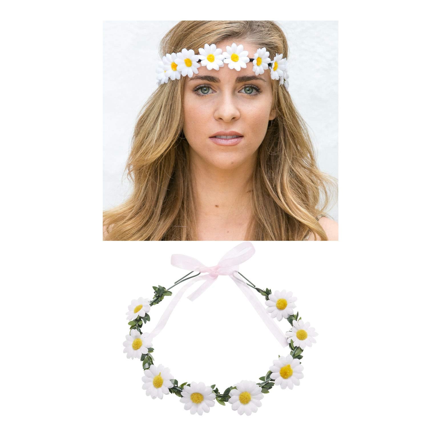Lawie 8 Pack Boho Flower Crowns Floral Wreath With Ribbon Halo Headbands Garland Wedding Bridal Bridesmaid Headpiece Tiara Sunfl