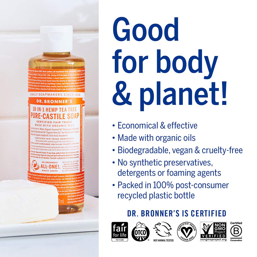 Dr. Bronner'S - Pure-Castile Liquid Soap (Tea Tree, 8 Ounce) - Made With Organic Oils, 18-In-1 Uses: Acne-Prone Skin, Dandruff,