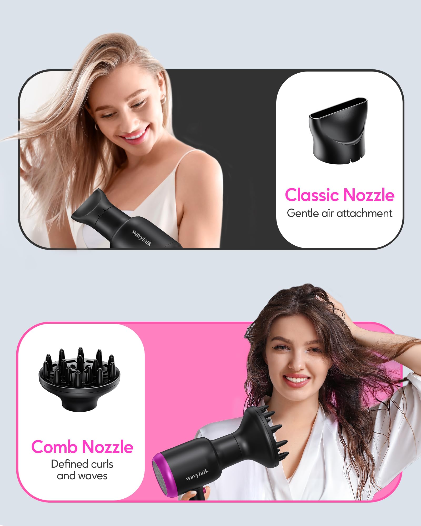 Wavytalk Professional Black Ionic Hair Dryer For Women With Diffuser, 1875W Ceramic Blow Dryer, 4 Attachments For Fast Drying, L