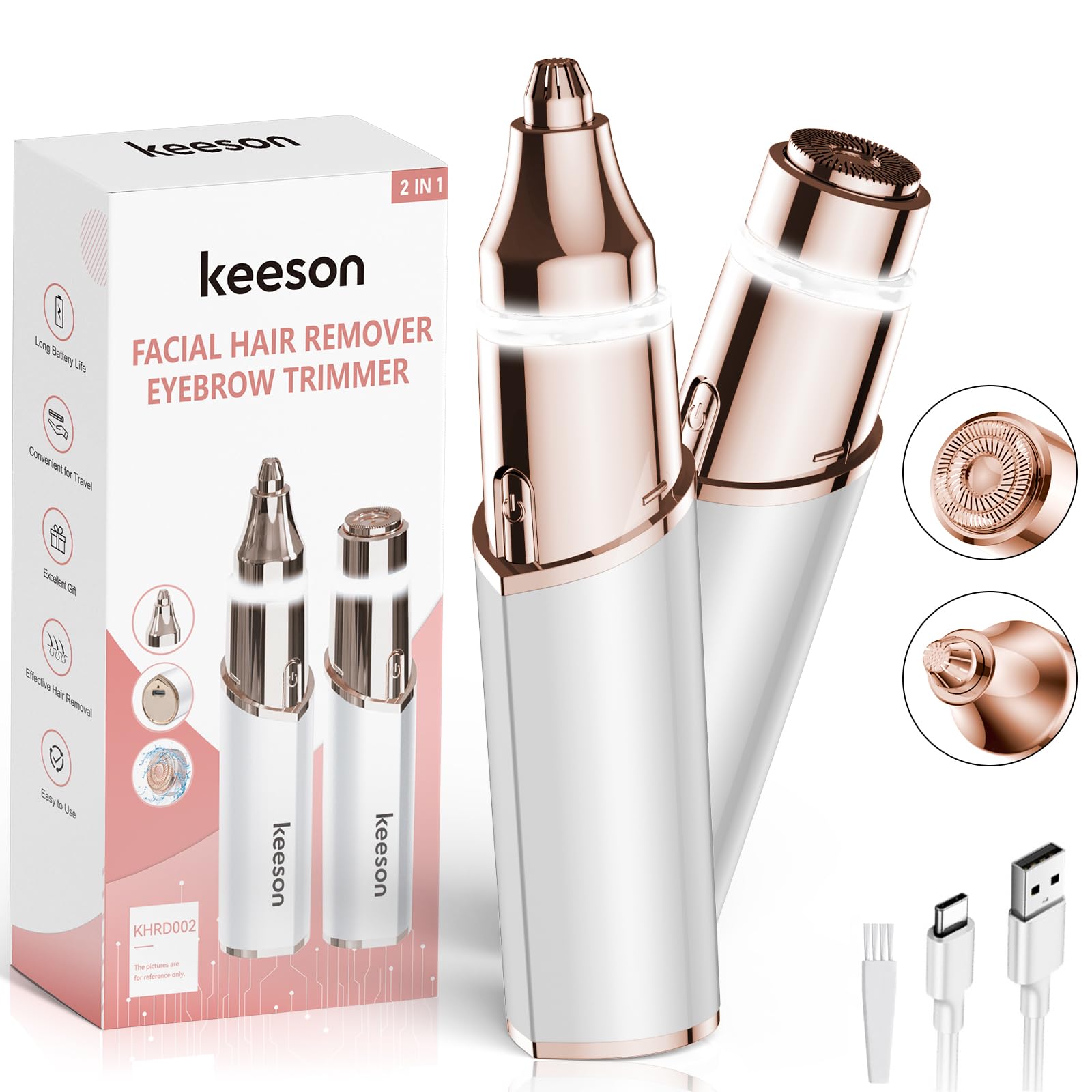 KEESON Facial Hair Removal for Women, 2-in-1 Electric Eyebrow Trimmer with LED Light, Rechargeable Hair Removal Device Face Shav