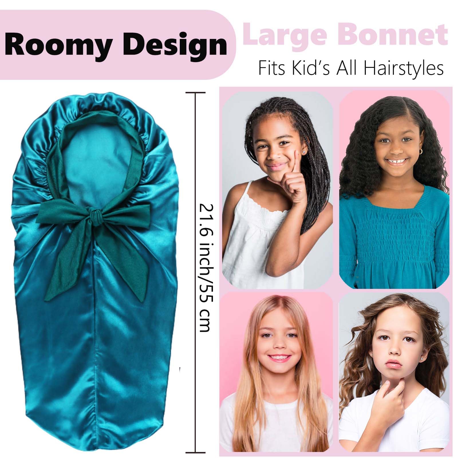 Long Kids Bonnets For Girls,Bonnet For Sleeping Kids,Satin Bonnet For Kids Braids,Curly Hair (Teal)