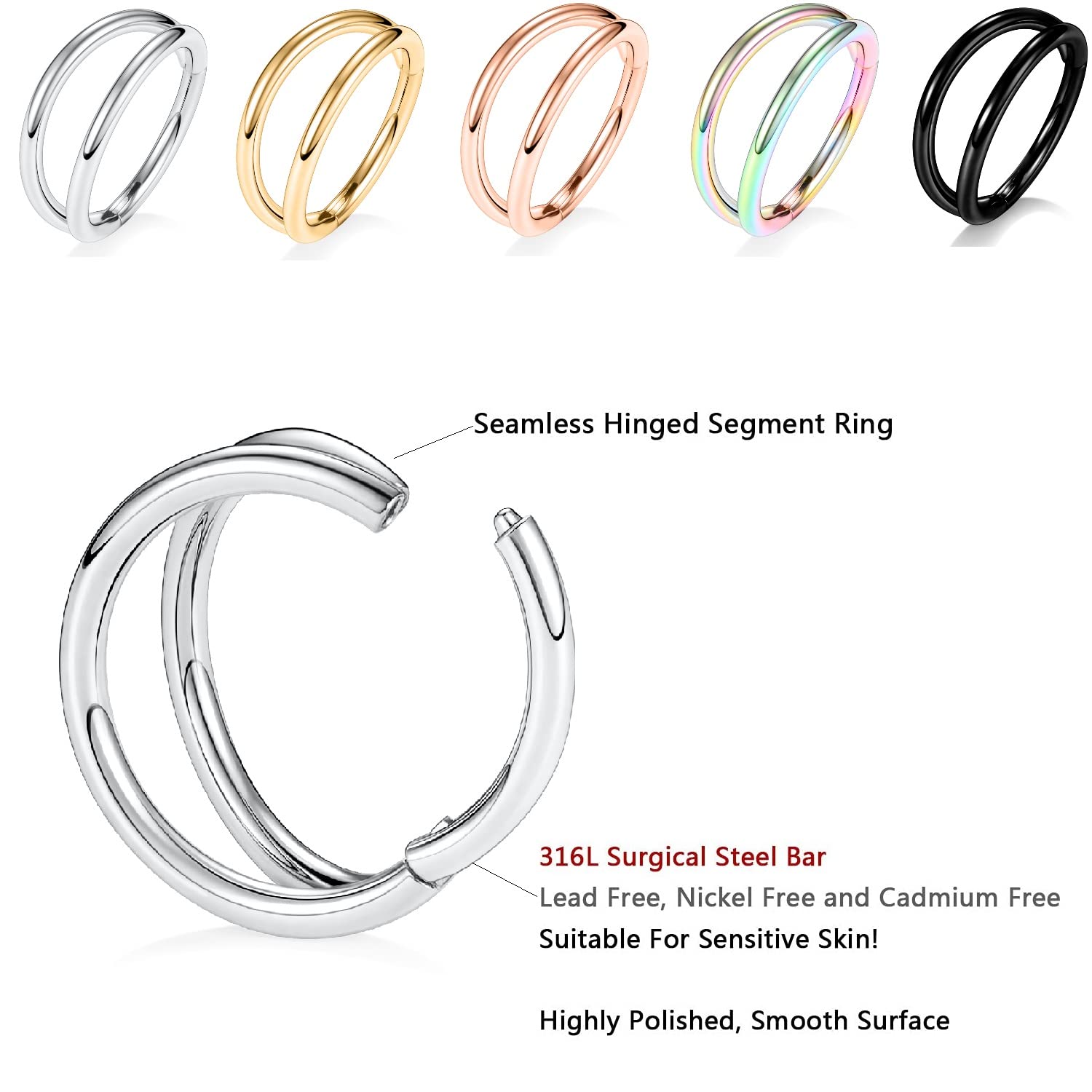 16G Conch Hoop Ring Cartilage Earrings Double Open Stacked Septum Rings 316L Surgical Steel Septum Nose Rings Hoops 10mm Lobe Ea