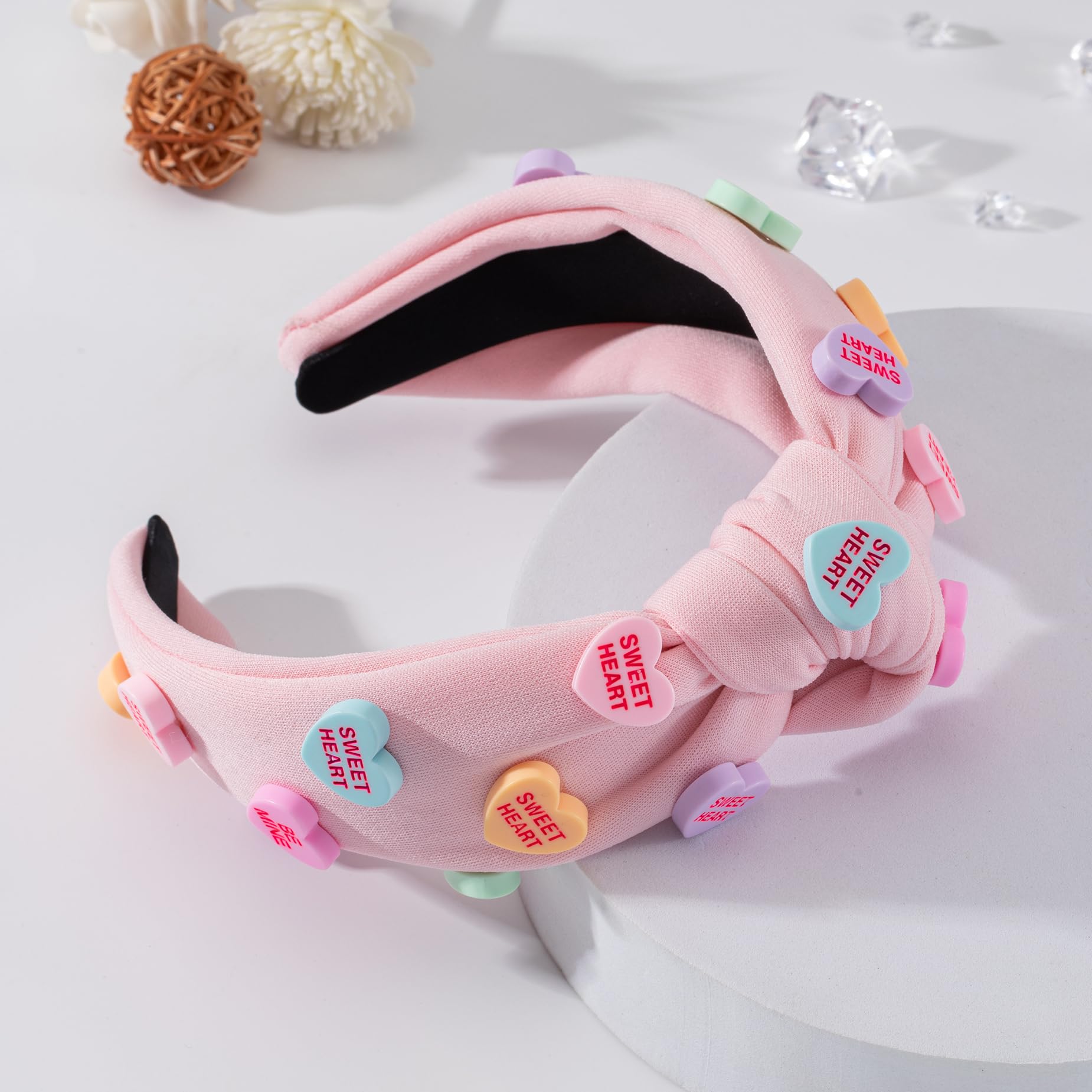 Valentine's Day Heart Candy Embellished Pink Headband Conversation Love Heart Charm Knotted Headband Non Slip Wide Top Knot Fash