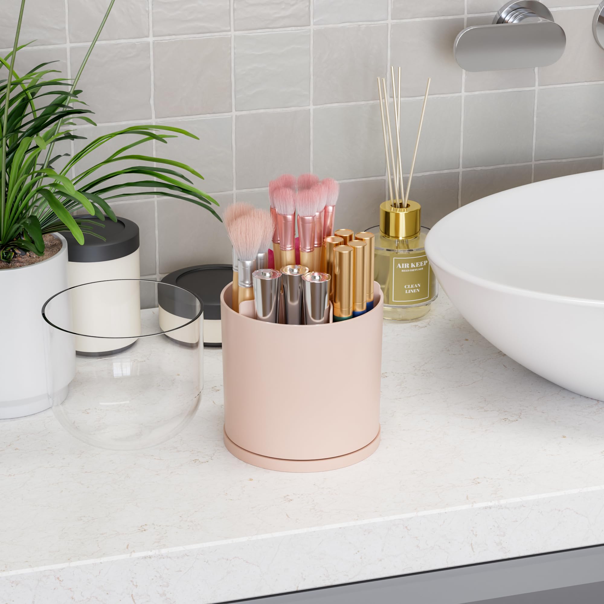 Yieach Rotating Acrylic Makeup Brush Holder with Lid for Vanity,Bathroom,Countertop,Covered Makeup Brushes Organizer,Round Spinn