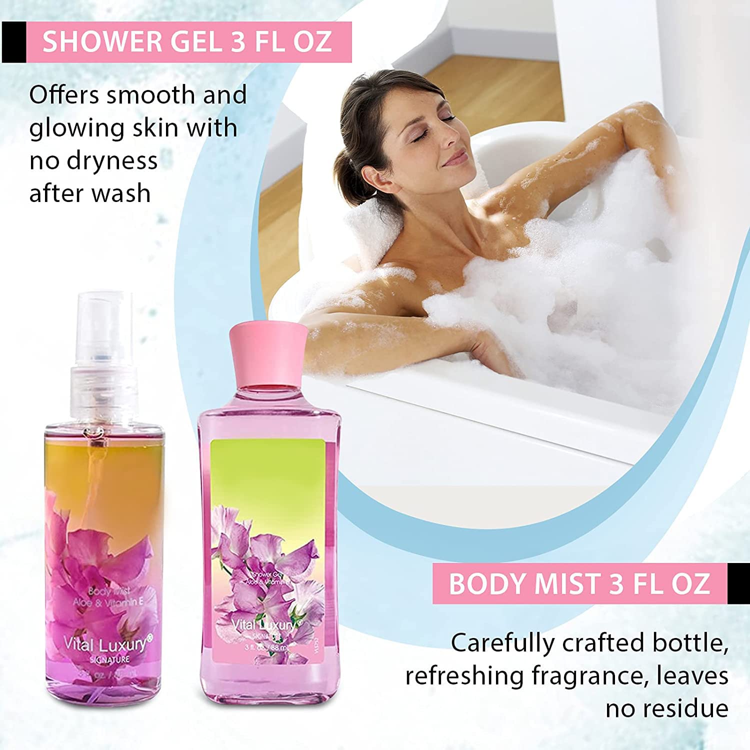 Vital Luxury Sweet Pea Bath & Body Kit, 3 Fl Oz, Ideal Skincare Gift Home Spa Set, Includes Body Lotion, Shower Gel, Body Cream,