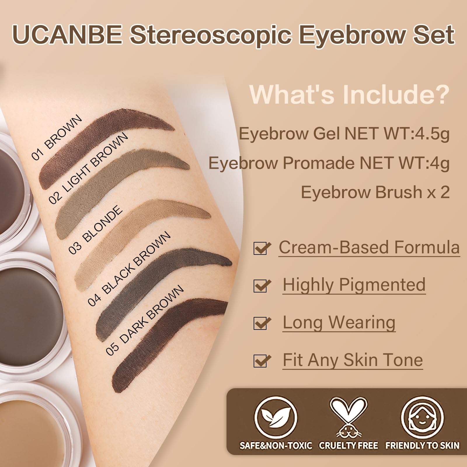 UCANBE Waterproof Eyebrow Gel + Eyebrow Styling Wax 2 in 1 Makeup Kit with 2 Pcs Dual-ended Adjustable Freely Eyebrow Brush Make