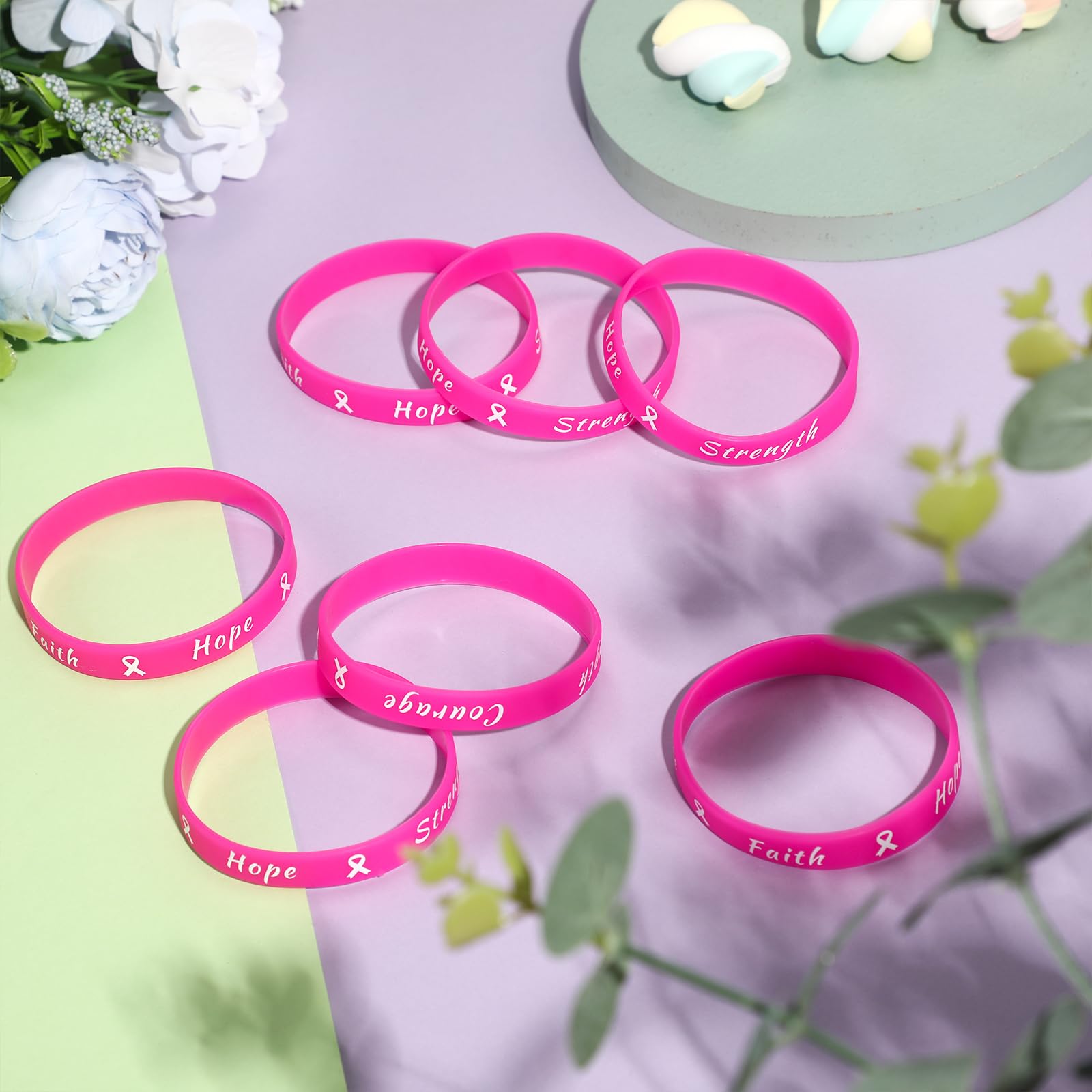 Sratte 120 Pcs Breast Cancer Awareness Pink Ribbon Bracelets Rubber Wristbands for Women Party Public Events Breast Cancer Decor