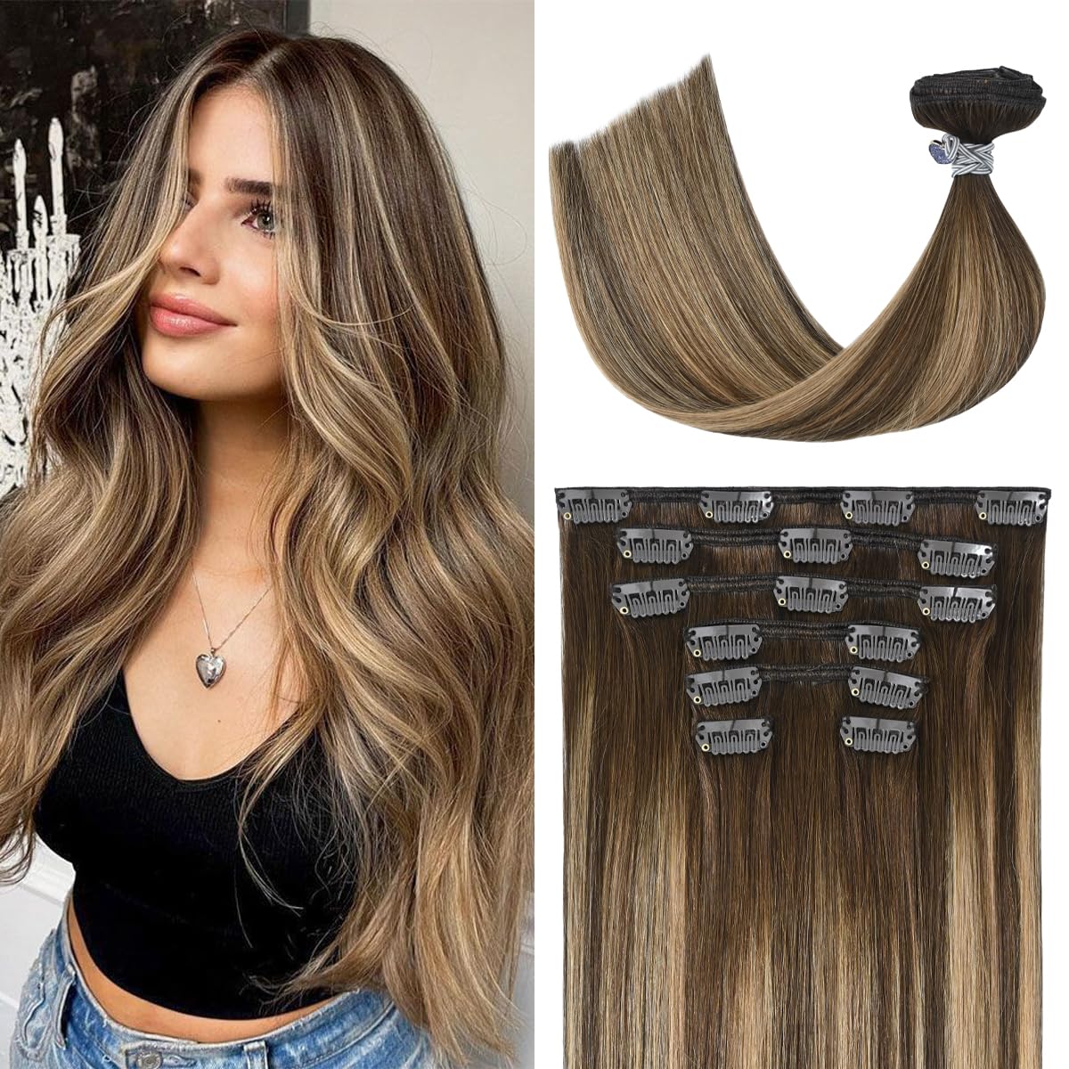 UGOTRAYS Balayage Hair Extensions Real Human Hair, Ombre Medium Brown Fading to Caramel Blonde 18 inches 120g Highlights 100% Hu