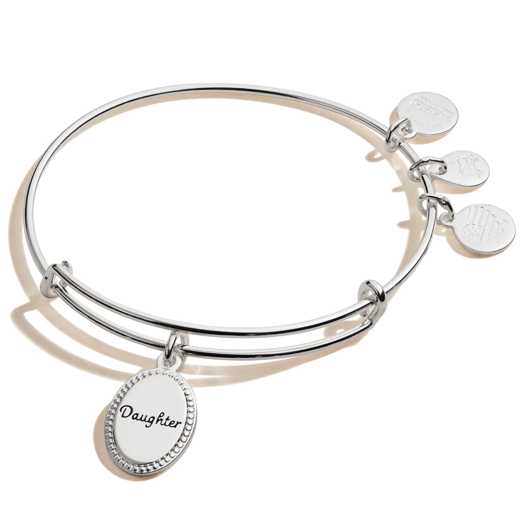 Alex and Ani Because I Love You Daughter Expandable Wire Bangle Bracelet for Women, Most Precious Gift Charm, Shiny Antique Silv