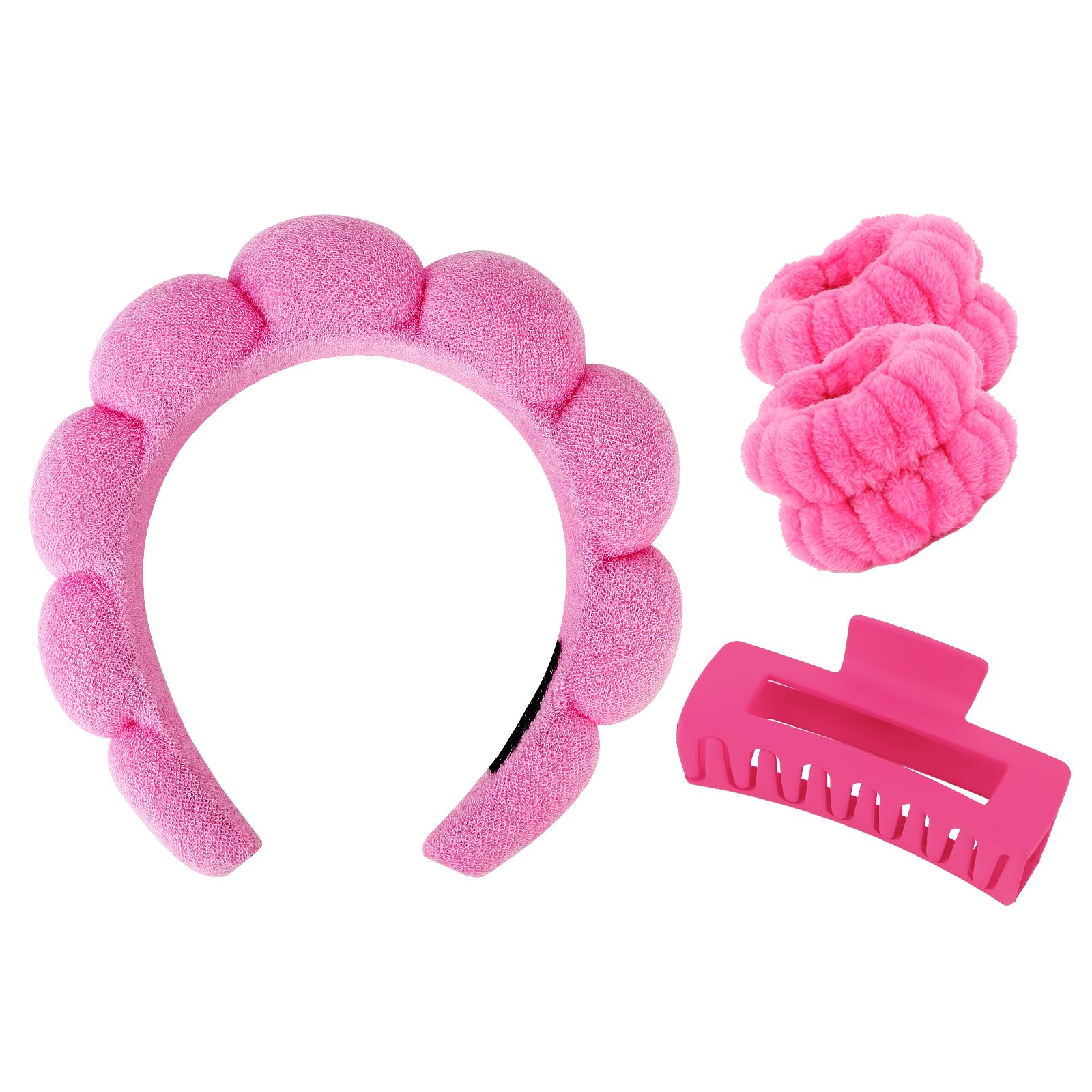 Wecoe Spa Headband And Wristband Set Skincare Headband For Washing Face Hair Claw Clips For Thick Hair Hot Pink Puffy Sponge Mak